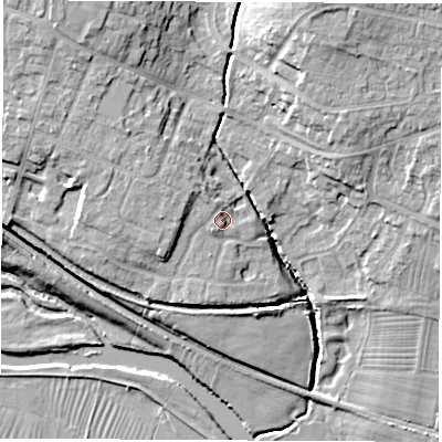 Shaded relief map of the ground around DE723FW, computed from Environment Agency LiDAR. The ground here sits at about 45 m above sea level and falls 18 m across the surrounding 800 m. Surface water reaching this point runs off ground lying to the south-south-west, 1.7 m higher.
