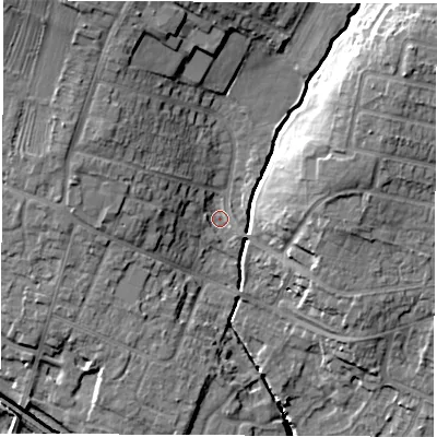 Shaded relief map of the ground around DE723GD, computed from Environment Agency LiDAR. The ground here sits at about 44 m above sea level and falls 19 m across the surrounding 800 m. Surface water reaching this point runs off ground lying to the north-east, 13.9 m higher.