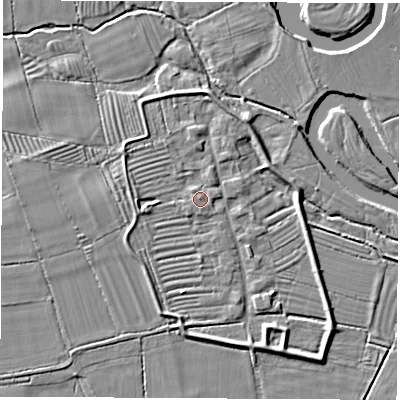 Shaded relief map of the ground around DE723GH, computed from Environment Agency LiDAR. The ground here sits at about 36 m above sea level and falls 4 m across the surrounding 800 m. Surface water reaching this point runs off ground lying to the south, 2.7 m higher.