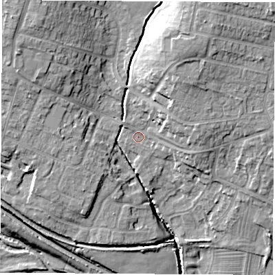 Shaded relief map of the ground around DE723GU, computed from Environment Agency LiDAR. The ground here sits at about 43 m above sea level and falls 20 m across the surrounding 800 m. Surface water reaching this point runs off ground lying to the north-north-east, 13.0 m higher.