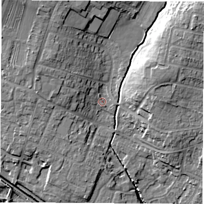 Shaded relief map of the ground around DE723GW, computed from Environment Agency LiDAR. The ground here sits at about 44 m above sea level and falls 21 m across the surrounding 800 m. Surface water reaching this point runs off ground lying to the north-east, 13.9 m higher.