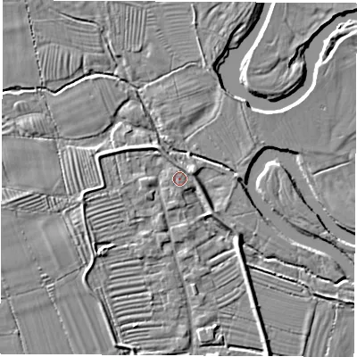 Shaded relief map of the ground around DE723HH, computed from Environment Agency LiDAR. The ground here sits at about 36 m above sea level and falls 4 m across the surrounding 800 m. Surface water reaching this point runs off ground lying to the east-north-east, 1.1 m higher.