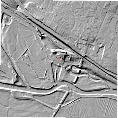 Shaded relief map of the ground around DE723LJ, computed from Environment Agency LiDAR. The ground here sits at about 40 m above sea level and falls 16 m across the surrounding 800 m. Surface water reaching this point runs off ground lying to the north-north-east, 7.0 m higher.
