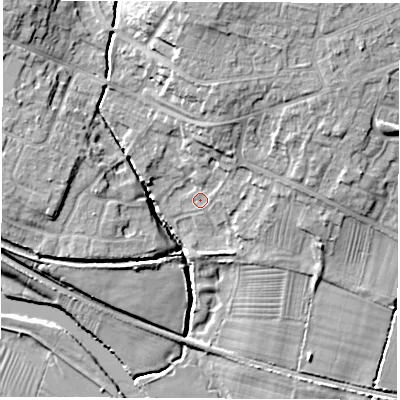 Shaded relief map of the ground around DE723LX, computed from Environment Agency LiDAR. The ground here sits at about 41 m above sea level and falls 18 m across the surrounding 800 m. Surface water reaching this point runs off ground lying to the north-north-east, 7.1 m higher.