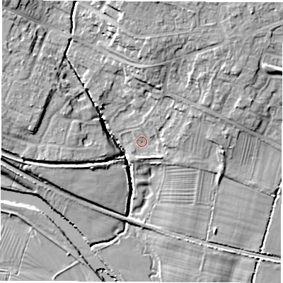 Shaded relief map of the ground around DE723LY, computed from Environment Agency LiDAR. The ground here sits at about 40 m above sea level and falls 18 m across the surrounding 800 m. Surface water reaching this point runs off ground lying to the north, 11.3 m higher.