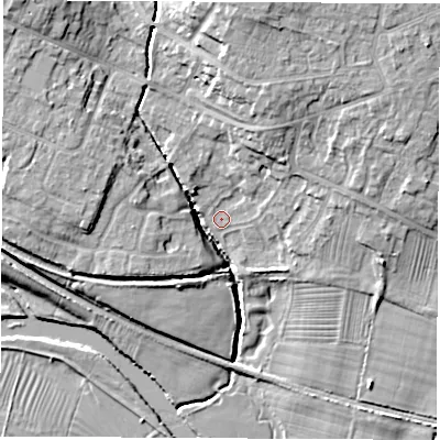Shaded relief map of the ground around DE723NN, computed from Environment Agency LiDAR. The ground here sits at about 40 m above sea level and falls 17 m across the surrounding 800 m. Surface water reaching this point runs off ground lying to the north-west, 10.2 m higher.