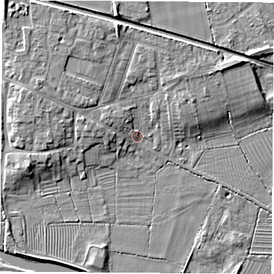 Shaded relief map of the ground around DE723QE, computed from Environment Agency LiDAR. The ground here sits at about 35 m above sea level and falls 12 m across the surrounding 800 m. Surface water reaching this point runs off ground lying to the north, 6.3 m higher.