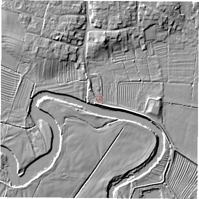 Shaded relief map of the ground around DE723QG, computed from Environment Agency LiDAR. The ground here sits at about 34 m above sea level and falls 7 m across the surrounding 800 m. Surface water reaching this point runs off ground lying to the west-north-west, 1.1 m higher.