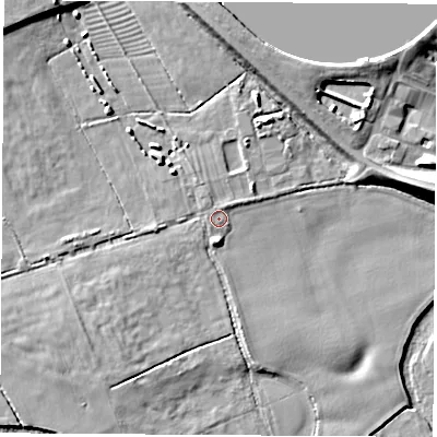 Shaded relief map of the ground around DE723QL, computed from Environment Agency LiDAR. The ground here sits at about 32 m above sea level and falls 10 m across the surrounding 800 m. Surface water reaching this point runs off ground lying to the north-east, 1.1 m higher.