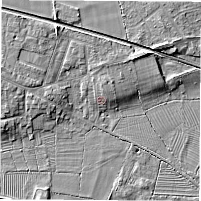 Shaded relief map of the ground around DE723QP, computed from Environment Agency LiDAR. The ground here sits at about 35 m above sea level and falls 12 m across the surrounding 800 m. Surface water reaching this point runs off ground lying to the north, 3.4 m higher.