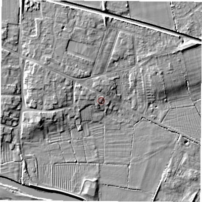 Shaded relief map of the ground around DE723QY, computed from Environment Agency LiDAR. The ground here sits at about 36 m above sea level and falls 12 m across the surrounding 800 m. Surface water reaching this point runs off ground lying to the north-west, 1.8 m higher.