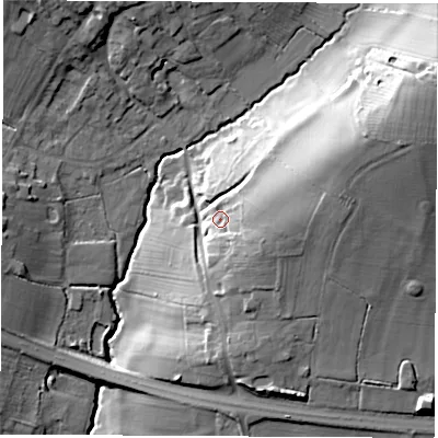 Shaded relief map of the ground around DE723RD, computed from Environment Agency LiDAR. The ground here sits at about 63 m above sea level and falls 30 m across the surrounding 800 m. Surface water reaching this point runs off ground lying to the east, 13.3 m higher.