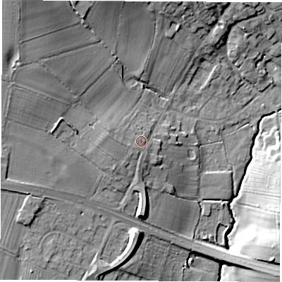 Shaded relief map of the ground around DE723RL, computed from Environment Agency LiDAR. The ground here sits at about 60 m above sea level and falls 28 m across the surrounding 800 m. Surface water reaching this point runs off ground lying to the west, 4.1 m higher.