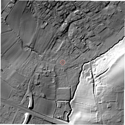 Shaded relief map of the ground around DE723RP, computed from Environment Agency LiDAR. The ground here sits at about 53 m above sea level and falls 28 m across the surrounding 800 m. Surface water reaching this point runs off ground lying to the north, 1.3 m higher.