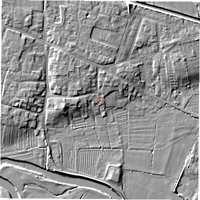 Shaded relief map of the ground around DE723RT, computed from Environment Agency LiDAR. The ground here sits at about 36 m above sea level and falls 8 m across the surrounding 800 m. Surface water reaching this point runs off ground lying to the north-west, 3.8 m higher.