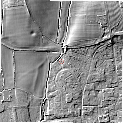 Shaded relief map of the ground around DE723UB, computed from Environment Agency LiDAR. The ground here sits at about 39 m above sea level and falls 14 m across the surrounding 800 m. Surface water reaching this point runs off ground lying to the north-north-east, 3.9 m higher.