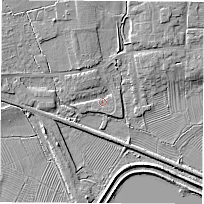 Shaded relief map of the ground around DE723UP, computed from Environment Agency LiDAR. The ground here sits at about 34 m above sea level and falls 7 m across the surrounding 800 m. Surface water reaching this point runs off ground lying to the north-north-west, 3.1 m higher.