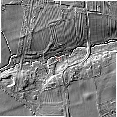 Shaded relief map of the ground around DE723WA, computed from Environment Agency LiDAR. The ground here sits at about 38 m above sea level and falls 7 m across the surrounding 800 m. Surface water reaching this point runs off ground lying to the south-south-east, 6.1 m higher.