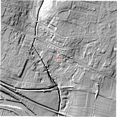 Shaded relief map of the ground around DE723WG, computed from Environment Agency LiDAR. The ground here sits at about 42 m above sea level and falls 19 m across the surrounding 800 m. Surface water reaching this point runs off ground lying to the north-east, 5.4 m higher.