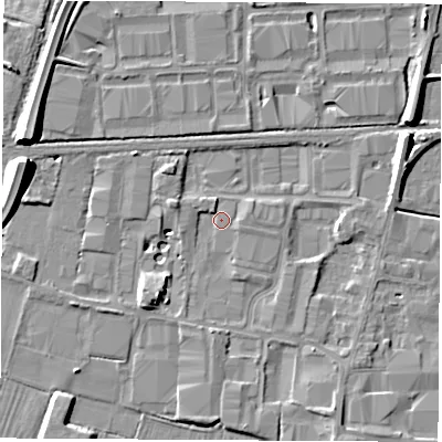 Shaded relief map of the ground around DE72NP, computed from Environment Agency LiDAR. The ground here sits at about 33 m above sea level and falls 11 m across the surrounding 800 m. Surface water reaching this point runs off ground lying to the east-north-east, 6.6 m higher.