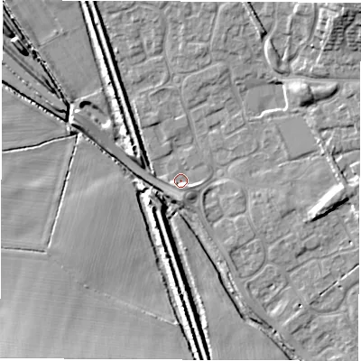 Shaded relief map of the ground around DE735BG, computed from Environment Agency LiDAR. The ground here sits at about 39 m above sea level and falls 13 m across the surrounding 800 m. Surface water reaching this point runs off ground lying to the south-south-east, 2.2 m higher.
