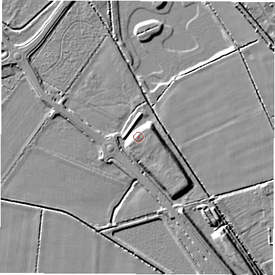 Shaded relief map of the ground around DE735SS, computed from Environment Agency LiDAR. The ground here sits at about 43 m above sea level and falls 8 m across the surrounding 800 m. Surface water reaching this point runs off ground lying to the east-north-east, 4.9 m higher.