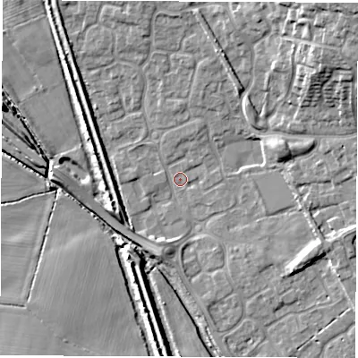 Shaded relief map of the ground around DE735WX, computed from Environment Agency LiDAR. The ground here sits at about 39 m above sea level and falls 16 m across the surrounding 800 m. Surface water reaching this point runs off ground lying to the north-north-east, 5.6 m higher.