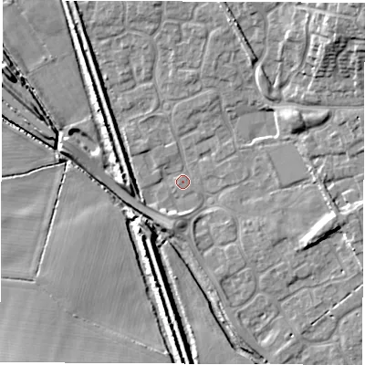 Shaded relief map of the ground around DE735XD, computed from Environment Agency LiDAR. The ground here sits at about 39 m above sea level and falls 14 m across the surrounding 800 m. Surface water reaching this point runs off ground lying to the south-south-west, 2.3 m higher.