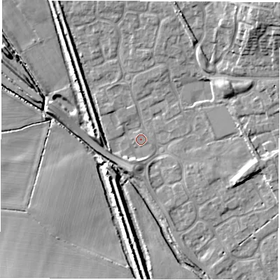 Shaded relief map of the ground around DE735XE, computed from Environment Agency LiDAR. The ground here sits at about 39 m above sea level and falls 14 m across the surrounding 800 m. Surface water reaching this point runs off ground lying to the south-south-west, 2.3 m higher.