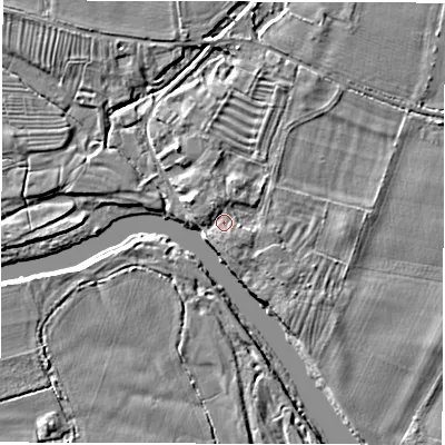 Shaded relief map of the ground around DE737AA, computed from Environment Agency LiDAR. The ground here sits at about 41 m above sea level and falls 5 m across the surrounding 800 m. Surface water reaching this point runs off ground lying to the north-north-east, 1.6 m higher.