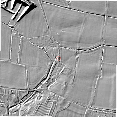 Shaded relief map of the ground around DE737GA, computed from Environment Agency LiDAR. The ground here sits at about 41 m above sea level and falls 18 m across the surrounding 800 m. Surface water reaching this point runs off ground lying to the south, 2.2 m higher.