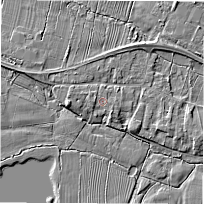 Shaded relief map of the ground around DE737GF, computed from Environment Agency LiDAR. The ground here sits at about 40 m above sea level and falls 5 m across the surrounding 800 m. Surface water reaching this point runs off ground lying to the west-north-west, 0.9 m higher.