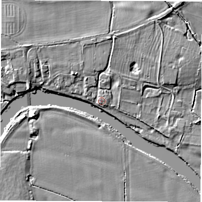 Shaded relief map of the ground around DE737GG, computed from Environment Agency LiDAR. The ground here sits at about 38 m above sea level and falls 6 m across the surrounding 800 m. Surface water reaching this point runs off ground lying to the north, 3.1 m higher.
