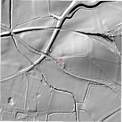 Shaded relief map of the ground around DE737GS, computed from Environment Agency LiDAR. The ground here sits at about 41 m above sea level and falls 17 m across the surrounding 800 m. Surface water reaching this point runs off ground lying to the east-north-east, 13.7 m higher.