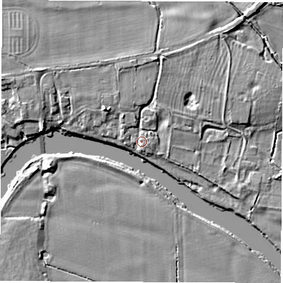 Shaded relief map of the ground around DE737GT, computed from Environment Agency LiDAR. The ground here sits at about 38 m above sea level and falls 6 m across the surrounding 800 m. Surface water reaching this point runs off ground lying to the north, 3.0 m higher.