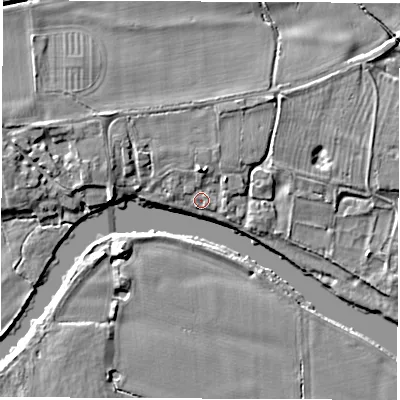 Shaded relief map of the ground around DE737GU, computed from Environment Agency LiDAR. The ground here sits at about 38 m above sea level and falls 6 m across the surrounding 800 m. Surface water reaching this point runs off ground lying to the north, 3.0 m higher.
