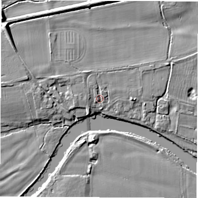 Shaded relief map of the ground around DE737GW, computed from Environment Agency LiDAR. The ground here sits at about 38 m above sea level and falls 11 m across the surrounding 800 m. Surface water reaching this point runs off ground lying to the north-north-west, 2.3 m higher.