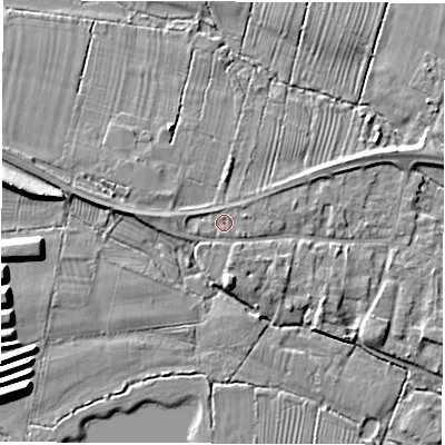 Shaded relief map of the ground around DE737HA, computed from Environment Agency LiDAR. The ground here sits at about 40 m above sea level and falls 9 m across the surrounding 800 m. Surface water reaching this point runs off ground lying to the north-west, 0.6 m higher.
