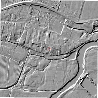 Shaded relief map of the ground around DE737HB, computed from Environment Agency LiDAR. The ground here sits at about 39 m above sea level and falls 5 m across the surrounding 800 m. Surface water reaching this point runs off ground lying to the east-north-east, 1.8 m higher.