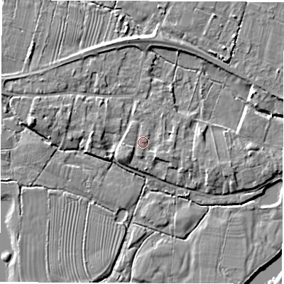 Shaded relief map of the ground around DE737HD, computed from Environment Agency LiDAR. The ground here sits at about 39 m above sea level and falls 6 m across the surrounding 800 m. Surface water reaching this point runs off ground lying to the south-east, 1.6 m higher.
