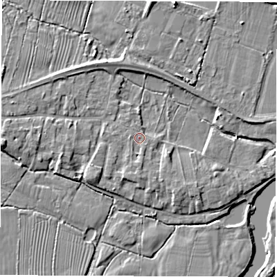Shaded relief map of the ground around DE737HE, computed from Environment Agency LiDAR. The ground here sits at about 39 m above sea level and falls 7 m across the surrounding 800 m. Surface water reaching this point runs off ground lying to the south-east, 3.4 m higher.