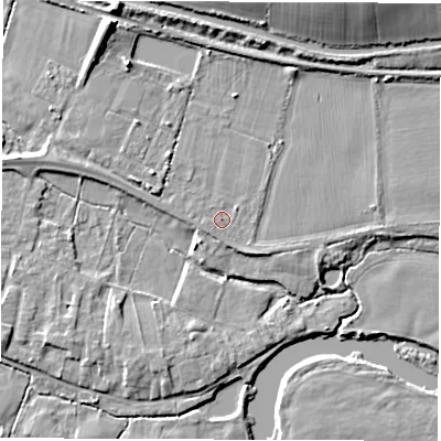 Shaded relief map of the ground around DE737HF, computed from Environment Agency LiDAR. The ground here sits at about 40 m above sea level and falls 13 m across the surrounding 800 m. Surface water reaching this point runs off ground lying to the north-east, 0.9 m higher.