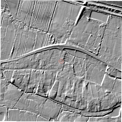 Shaded relief map of the ground around DE737HG, computed from Environment Agency LiDAR. The ground here sits at about 39 m above sea level and falls 10 m across the surrounding 800 m. Surface water reaching this point runs off ground lying to the west-south-west, 3.8 m higher.