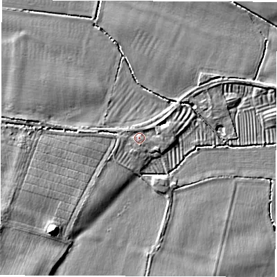 Shaded relief map of the ground around DE737HJ, computed from Environment Agency LiDAR. The ground here sits at about 40 m above sea level and falls 6 m across the surrounding 800 m. Surface water reaching this point runs off ground lying to the west-north-west, 0.8 m higher.