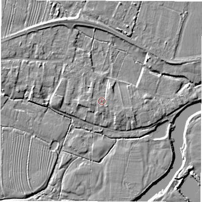 Shaded relief map of the ground around DE737HP, computed from Environment Agency LiDAR. The ground here sits at about 40 m above sea level and falls 5 m across the surrounding 800 m. Surface water reaching this point runs off ground lying to the south-east, 1.0 m higher.