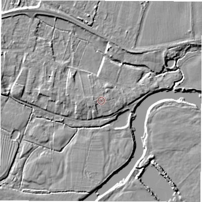 Shaded relief map of the ground around DE737HR, computed from Environment Agency LiDAR. The ground here sits at about 39 m above sea level and falls 5 m across the surrounding 800 m. Surface water reaching this point runs off ground lying to the west, 1.0 m higher.