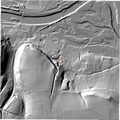 Shaded relief map of the ground around DE737HW, computed from Environment Agency LiDAR. The ground here sits at about 48 m above sea level and falls 50 m across the surrounding 800 m. Surface water reaching this point runs off ground lying to the south-south-west, 34.6 m higher.