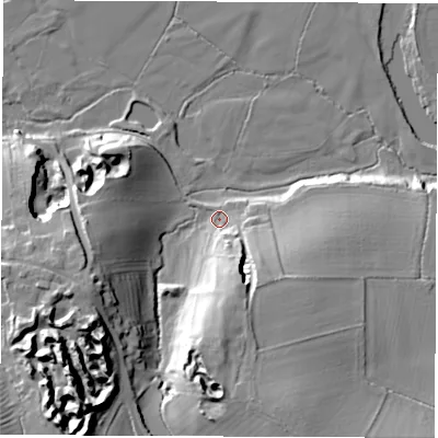 Shaded relief map of the ground around DE737HX, computed from Environment Agency LiDAR. The ground here sits at about 39 m above sea level and falls 28 m across the surrounding 800 m. Surface water reaching this point runs off ground lying to the south, 18.0 m higher.