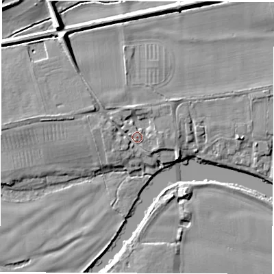 Shaded relief map of the ground around DE737JA, computed from Environment Agency LiDAR. The ground here sits at about 40 m above sea level and falls 11 m across the surrounding 800 m. Surface water reaching this point runs off ground lying to the west-north-west, 2.8 m higher.