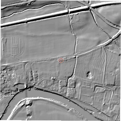 Shaded relief map of the ground around DE737JB, computed from Environment Agency LiDAR. The ground here sits at about 40 m above sea level and falls 8 m across the surrounding 800 m. Surface water reaching this point runs off ground lying to the east-south-east, 0.7 m higher.